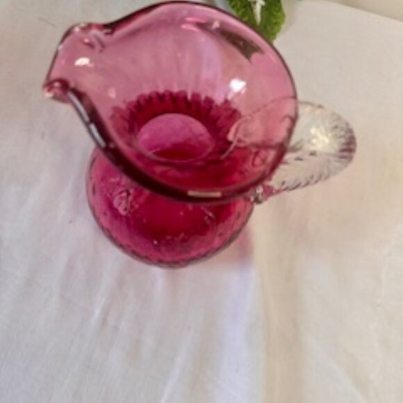 Vintage Cranberry Glass Pitcher with Twisted Clear Handle –‎ Swirled Diamond Pat - Picture 4 of 5